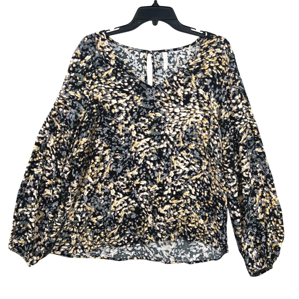 Mia & Tess‎ Abstract Blouse Womens XL Black Gold Artsy Brushstroke Earth Tones